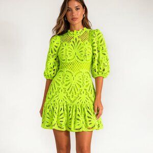 Beulah London Neon Lace Mini Dress Chartreuse Puff Sleeve Cocktail Party